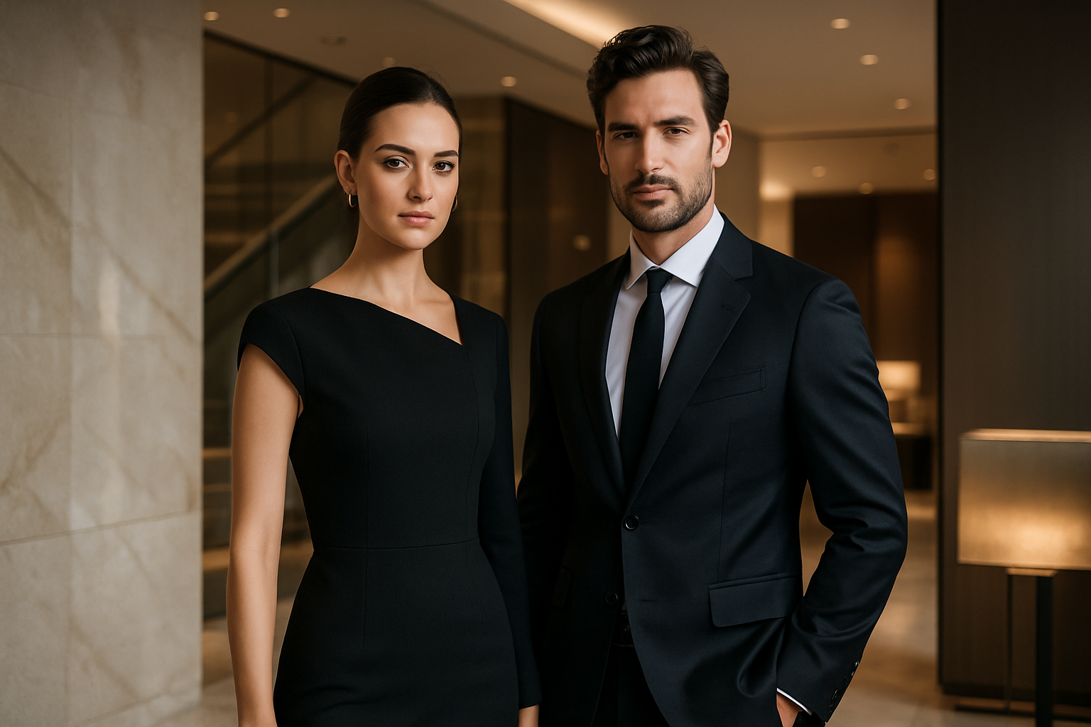 una mujer y un hombre vestidos de forma moderna y elegante , con un fondo lujoso y al mismo tiempo moderno algo muy sijiloso